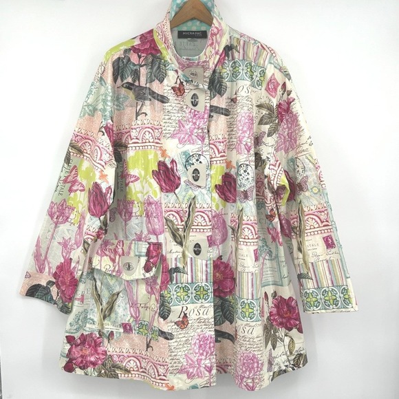 Mycra Pac Wms Rain Jacket 2X Multicolor Floral Botanical Postcard Art Travel - Picture 2 of 12